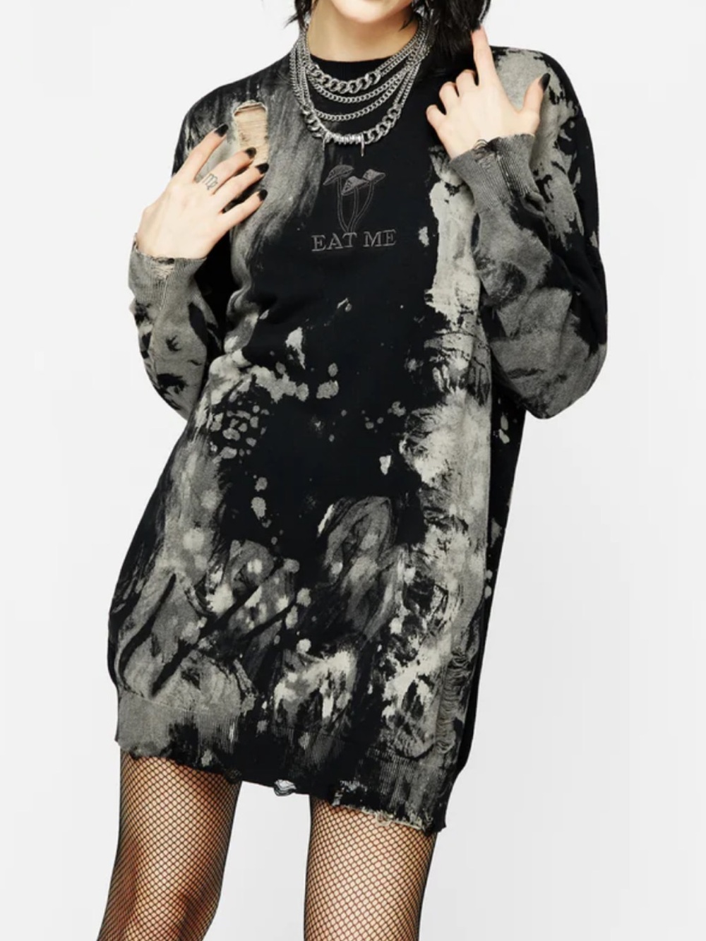 DISTURBIA Enigma Embroidered Distressed Knit Jumper Dress